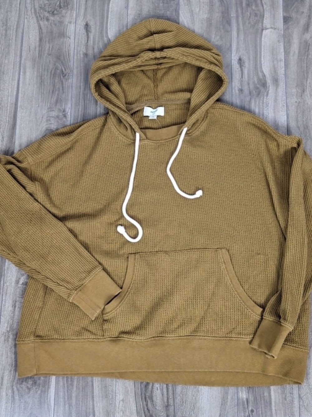 Woman Casual Waffle-Knit Hooded Pullover Sweatshirt - gold mustard tan